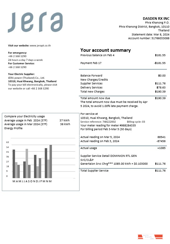 Thailand JERA power business utility bill template in Word and PDF formats